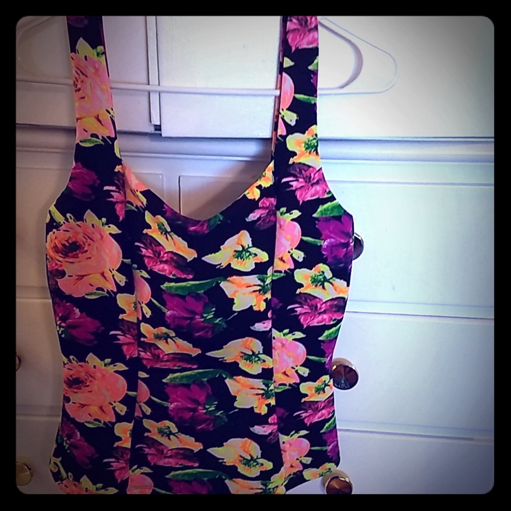 Deb Brand -Black floral with orange & yellow colors sleeveless top so beautiful!